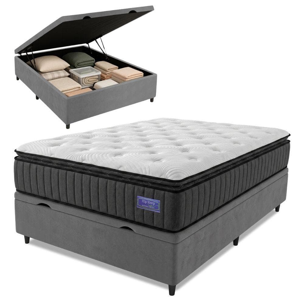Cama Box Baú Casal Colchão Ortopédico Titã Molas Ensacadas Pillow Top 138x188x75cm Hip Sleep