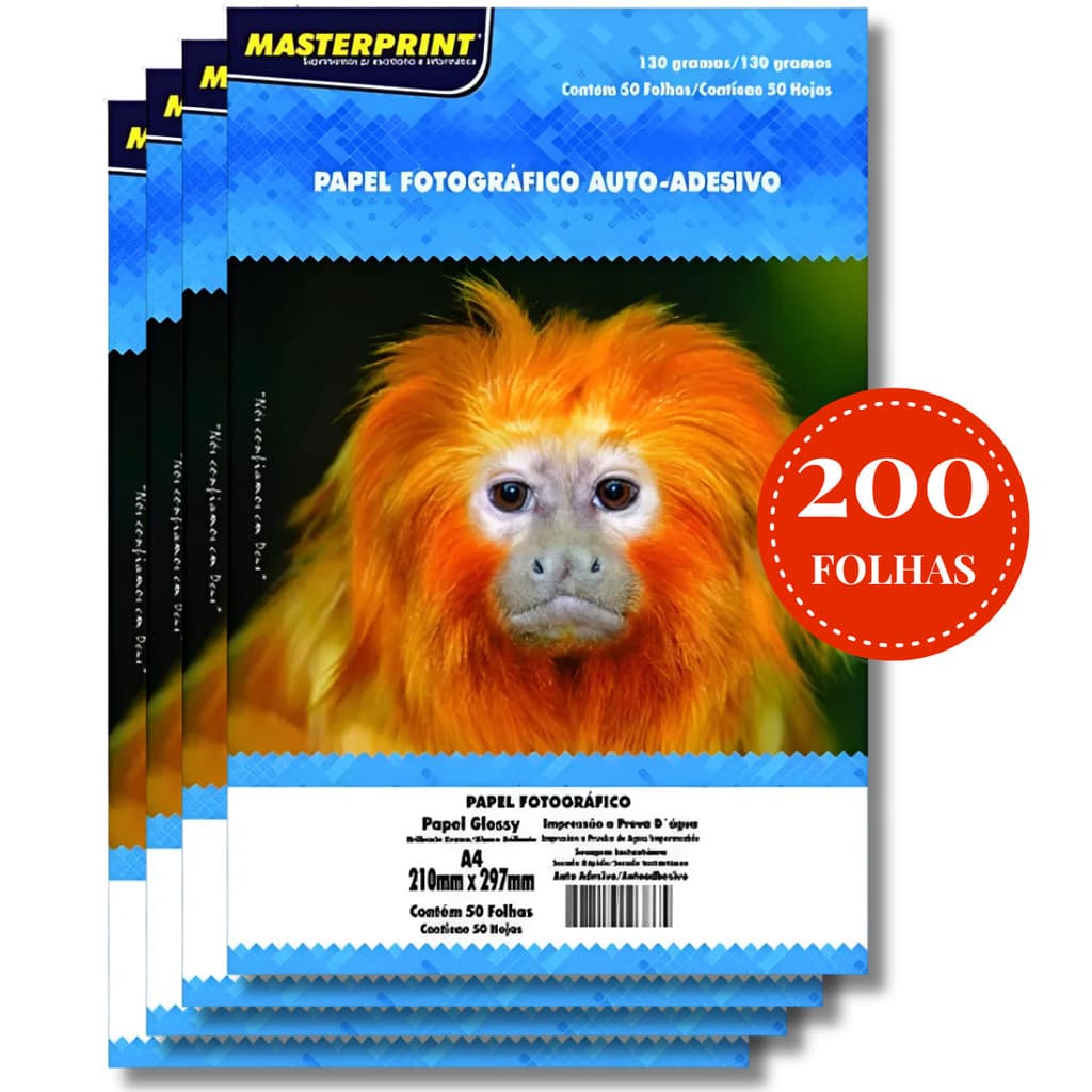 Papel Fotográfico Adesivo Glossy MasterPrint A4 130g Alta Resolução Resistente à Água Kit 20 ou 50 ou 100 ou 200 Folhas