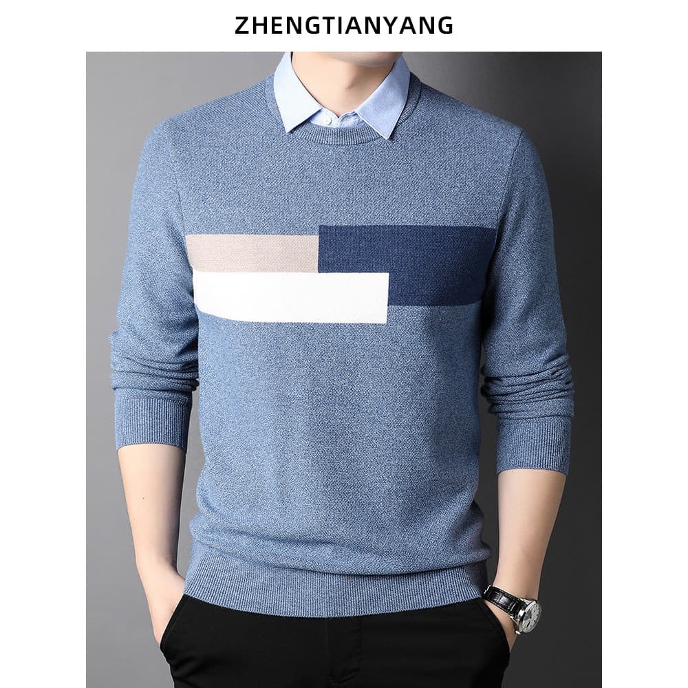 Outono inverno em camadas camisa colarinho falso terno de duas peças masculino camisola grossa versão coreana na moda co