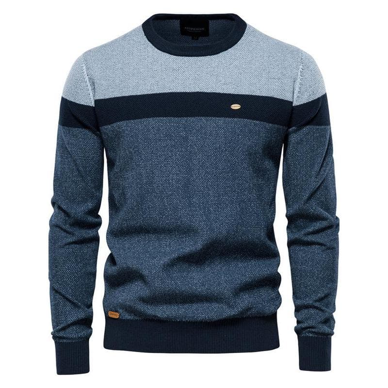 Camisola de algodão puro masculina outono inverno novo estilo interior listrado costura malhas masculinas em torno do pe