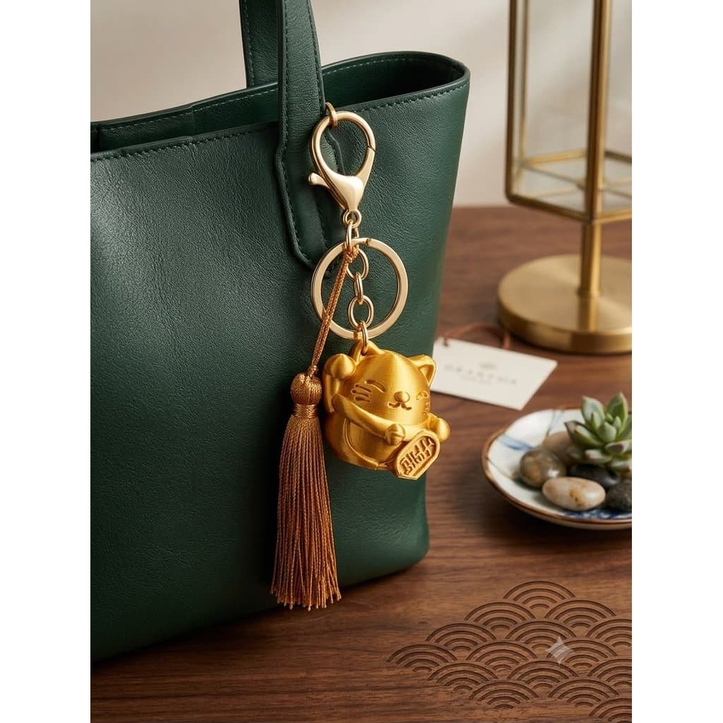Chaveiro Gato da Sorte Maneki Neko com Franja Bag Charm Luxo Dourado