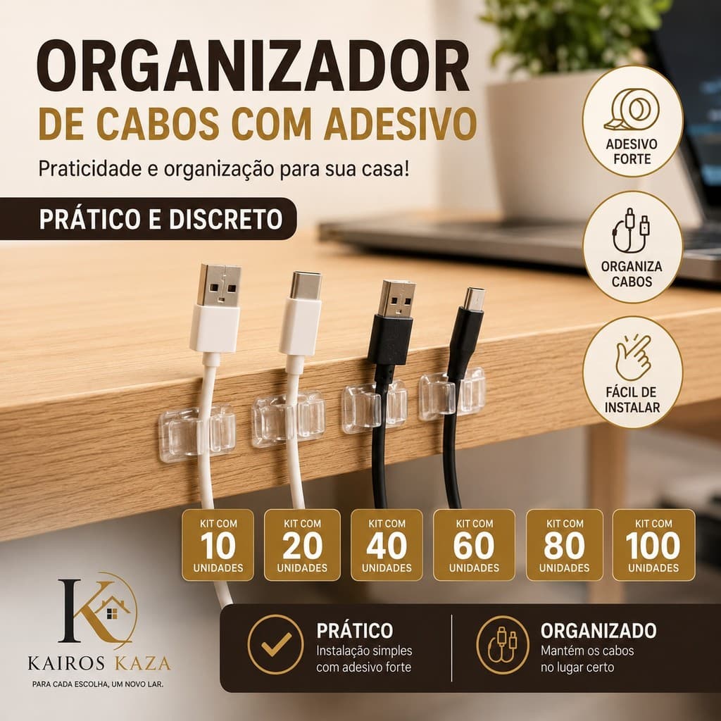 KIT Clips Fixador Autoadesivo Organizador de Fios para Casa