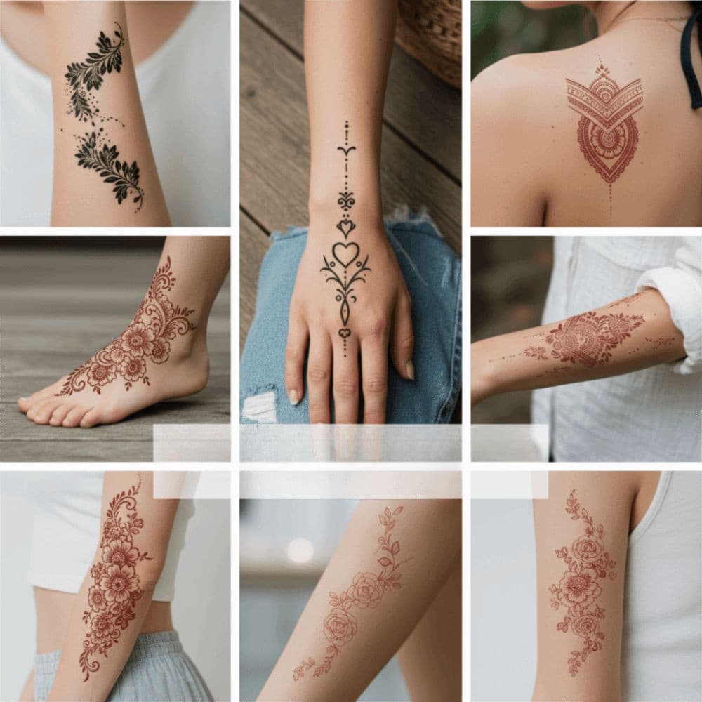 Adesivos De Tatuagem De Henna  , Mehndi Projeta Decalques Instantâneos À Prova D'água , Mão Estilo Étnico De Flores