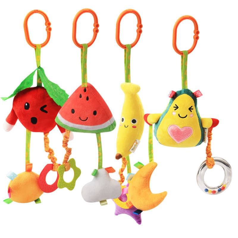 Novo estilo bebê frutas cama sino 0 anos de idade bebê com mordedor frutas puxar sino carrinho de pelúcia pingente carro