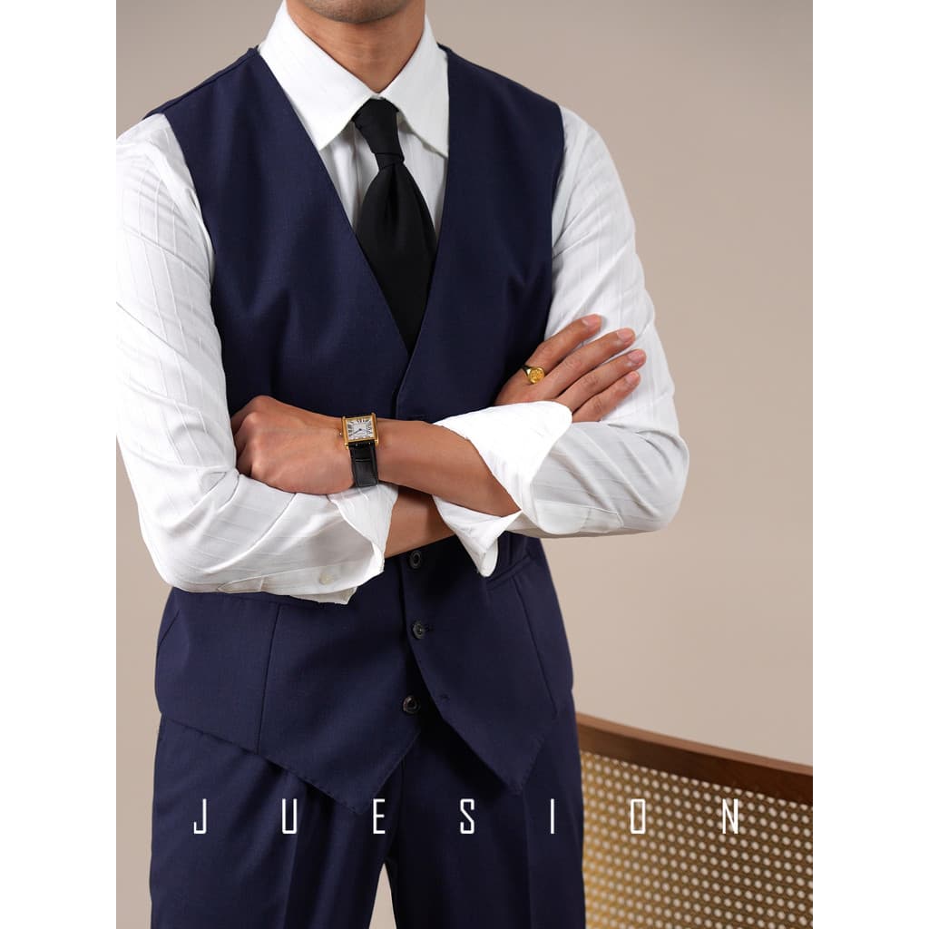 [Sem ferro fio duplo 40 peças] JUSION Colete de terno azul marinho masculino Slim fit sem gola colete Casual de negócios