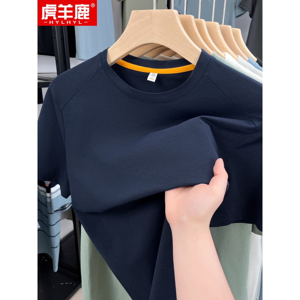 [Ice Silk Cool Feeling] Camiseta masculina de meia-idade com gola redonda e manga curta, verão, pai, verão, camisa Polo
