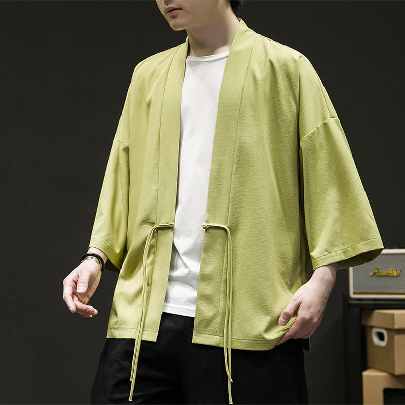 Retro gelo seda Cardigan taoísta Robe masculino estilo chinês verão fino manga de três quartos camisa solta tamanho gran