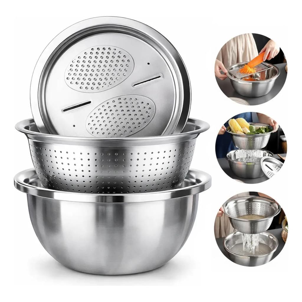 Kit 4 Em 1 Bacia Bowl Ralador Fatiadora Inox Tigela 2 Litros