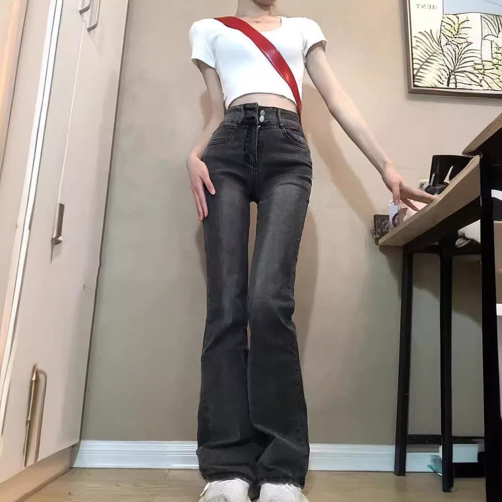 Calças jeans femininas cinza fumê, estilo primavera-verão, cintura alta, elásticas, ajustadas, versáteis, de corte reto