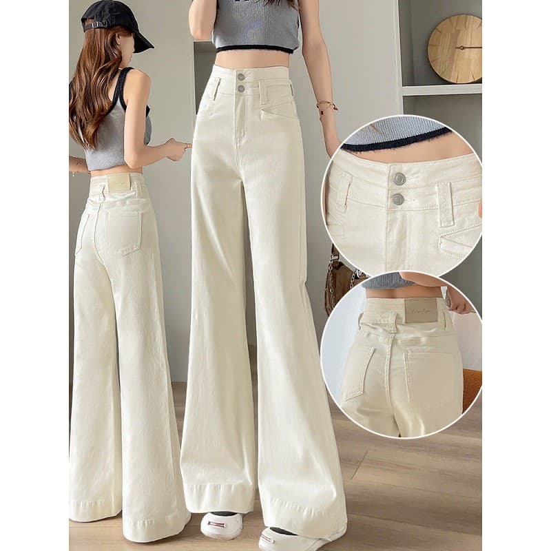 Calças de ganga off-white de perna larga para mulheres, com efeito emagrecedor para pernas largas e longas, cintura alta