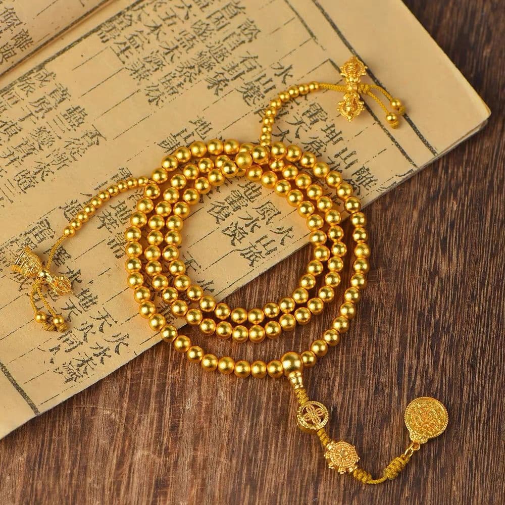 Colar, pulseira, corrente para suéter e joia de mão com 108 contas de 6mm banhadas a ouro, design de contas de oração bu