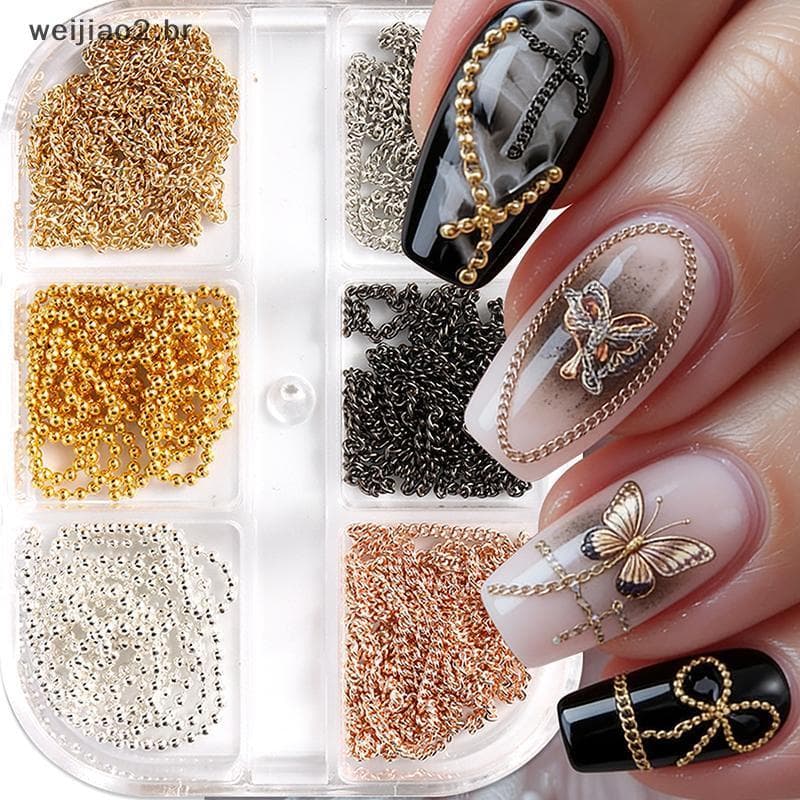 weijiao2 . BR Corrente De Amuletos De Arte Em Unhas De Metal Vários Formatos Ouro , Prata , Rosa E Preto