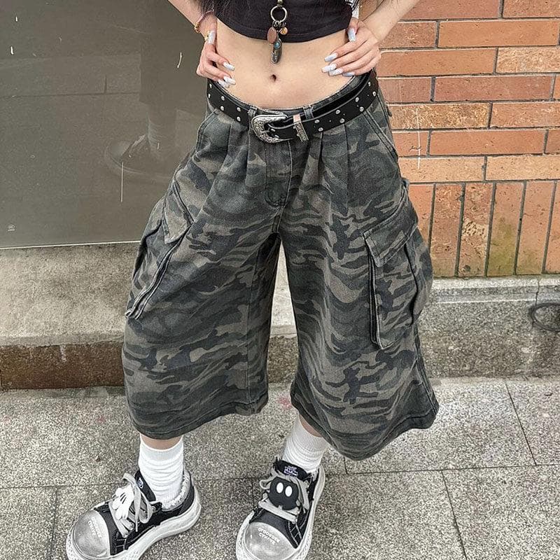 Americano Retro lavado Multi-bolso camuflagem Denim calças cortadas das mulheres dos homens verão Street Wear bonito sol