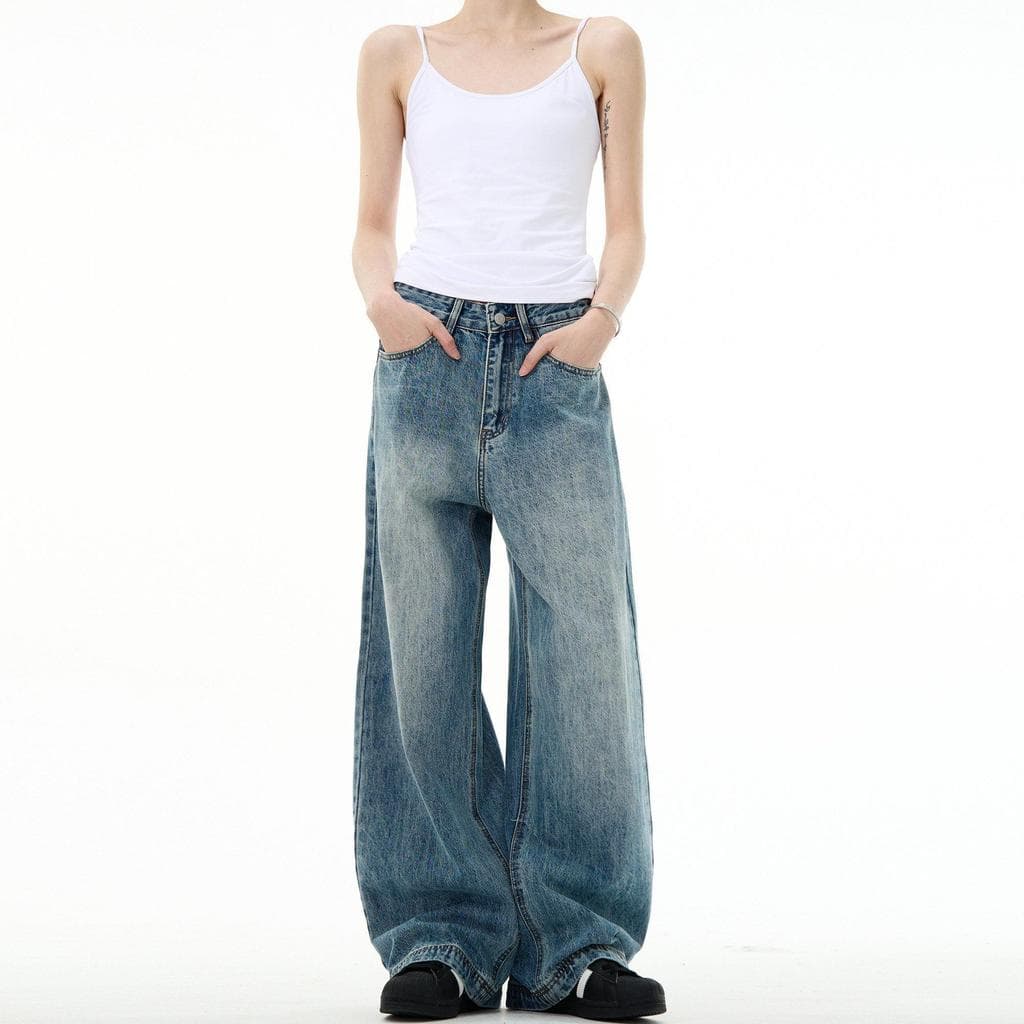 High Street Retro Lavado cleanfit Azul Jeans Reto Street Wear Homens All-Match Calças Casuais Americanas de Perna Larga