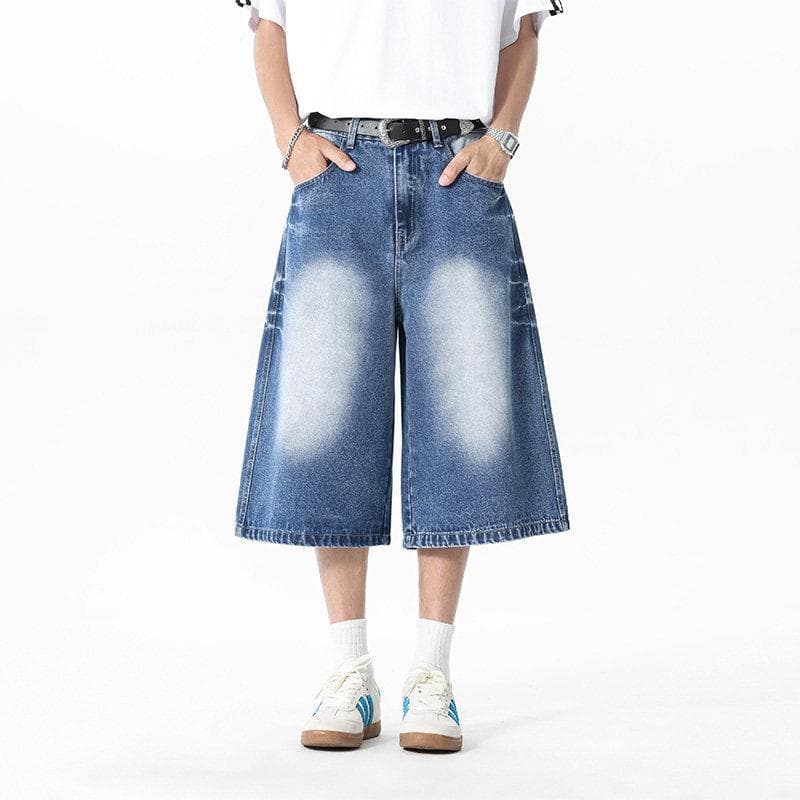 Retro lavado angustiado cortado Jeans masculino 26 verão High-End respirável solto perna larga Casual médio