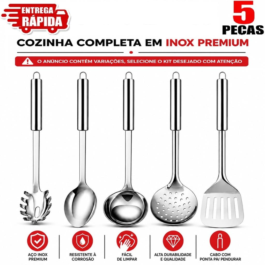 Kit 5 Utensílios de Cozinha em Aço Inox – Pegador de Massa, Espátula Vazada, Colher de Arroz, Escumadeira e Concha.