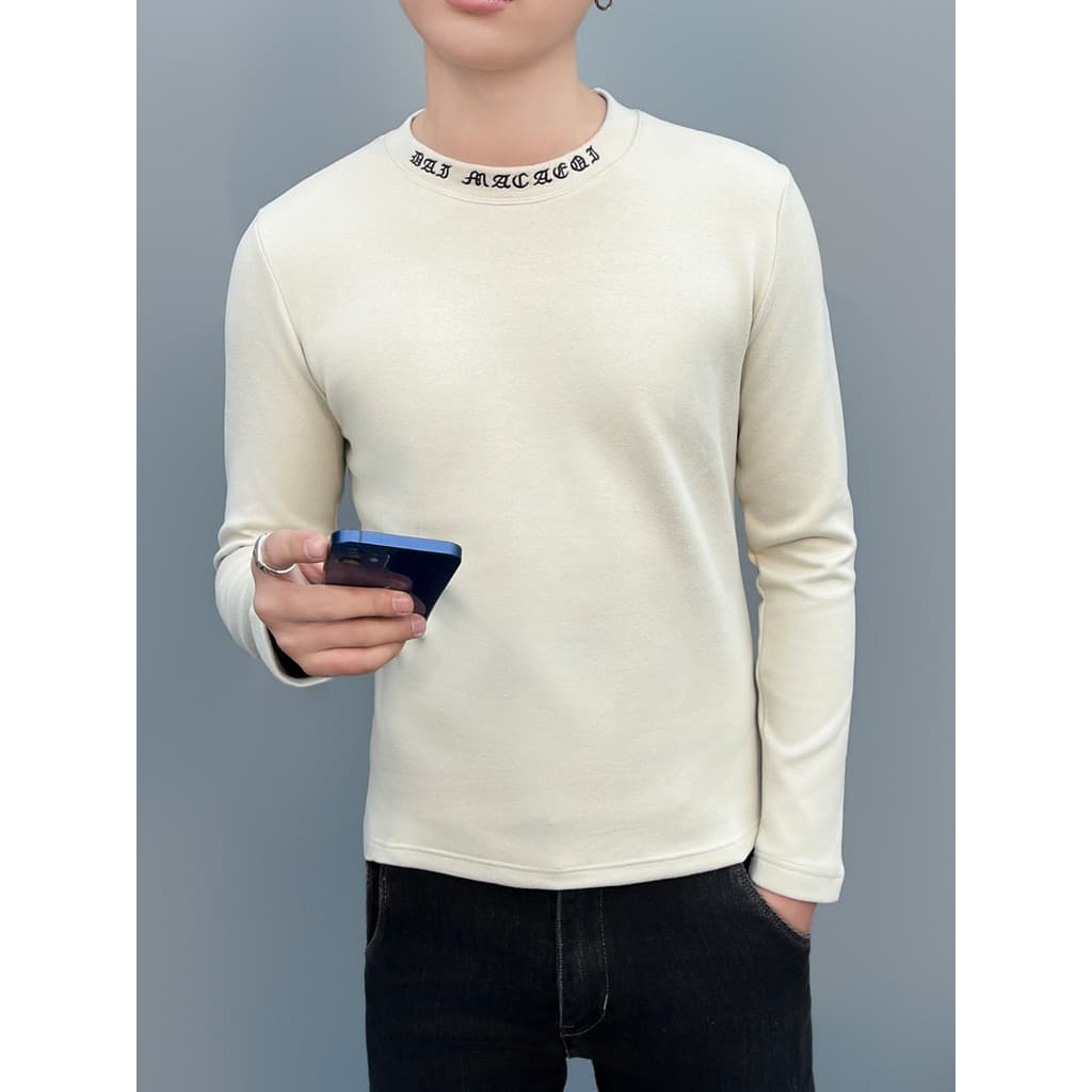 Camiseta masculina branca magro meia gola alta camisa de fundo outono inverno forro de lã engrossado roupa interior magr