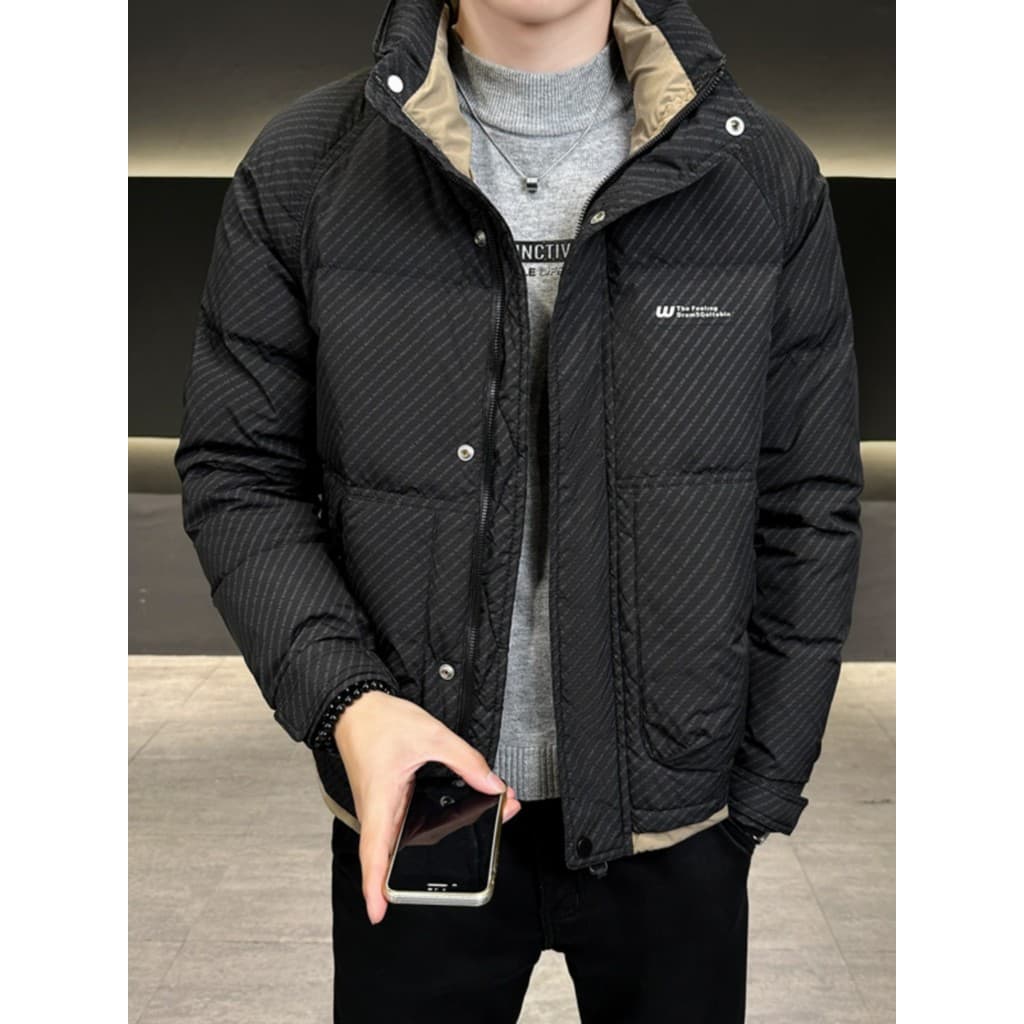 Jaqueta masculina inverno Street Wear gola 2024 novo estilo listrado costura curto pato para baixo jaqueta de inverno es