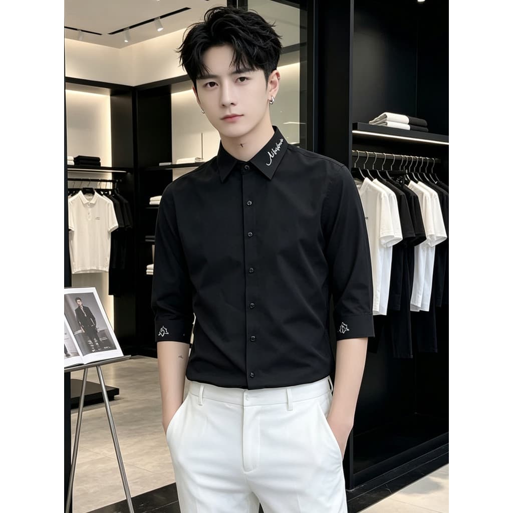 Tamanho pequeno High-end simples Casual verão meados de manga camisa masculina magro-end sentido rufião bonito moda na m