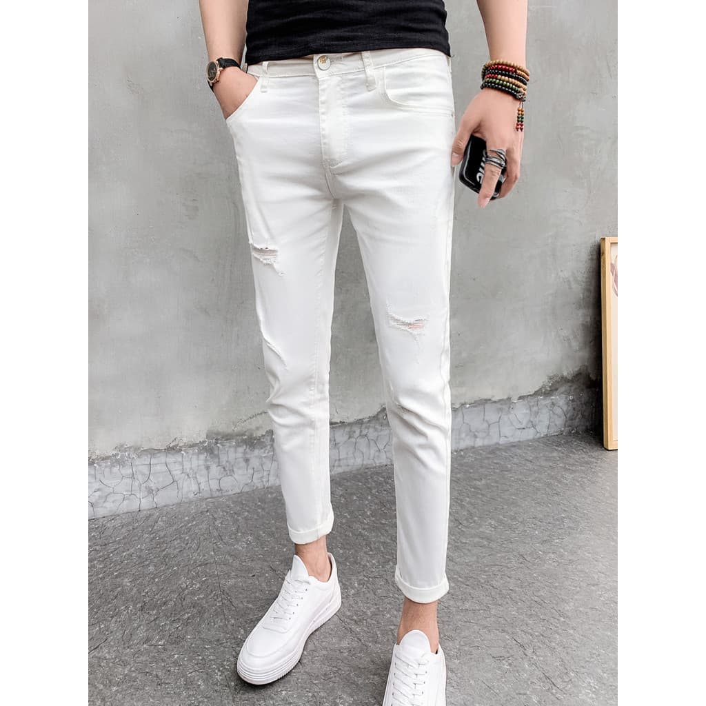 Calças brancas até o tornozelo masculinas Street Wear verão fino Casual Jeans masculino fino ajuste pés pequenos na moda