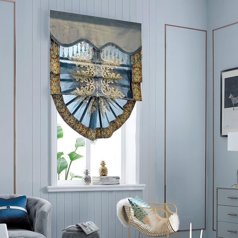 Cortina de gaze bordada estilo europeu de luxo leve azul cinza elevador cortina em forma de leque cortina romana cozinha