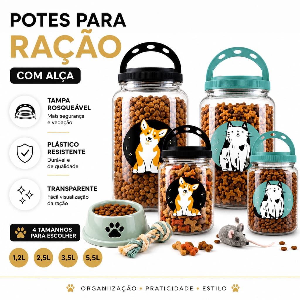 Pote Porta Ração E Petiscos 3,6L E 1,7L Com Alça Para Cachorro Gato Armazenador De Alimentos