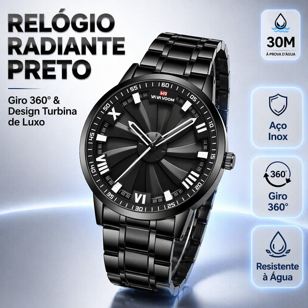 Relógio Masculino Luxo Aço Inoxidável Quartzo Luminoso Resistente à Água 30 Metros Textura Radial com Strass Brilhante