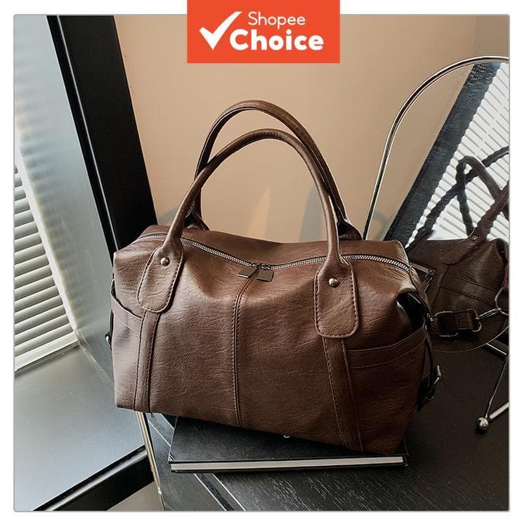 Bolsa de mão marrom escuro vintage, couro sintético macio, estilo Boston, com alça tiracolo removível, vários bolsos,