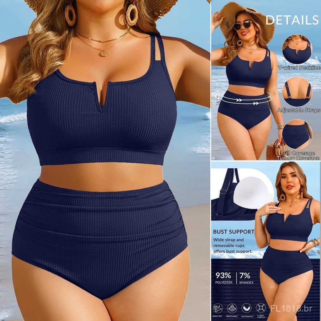 Biquíni de cintura alta (adequado para mulheres plus size) / Maiô modelador com controle abdominal em formato de V / Mai
