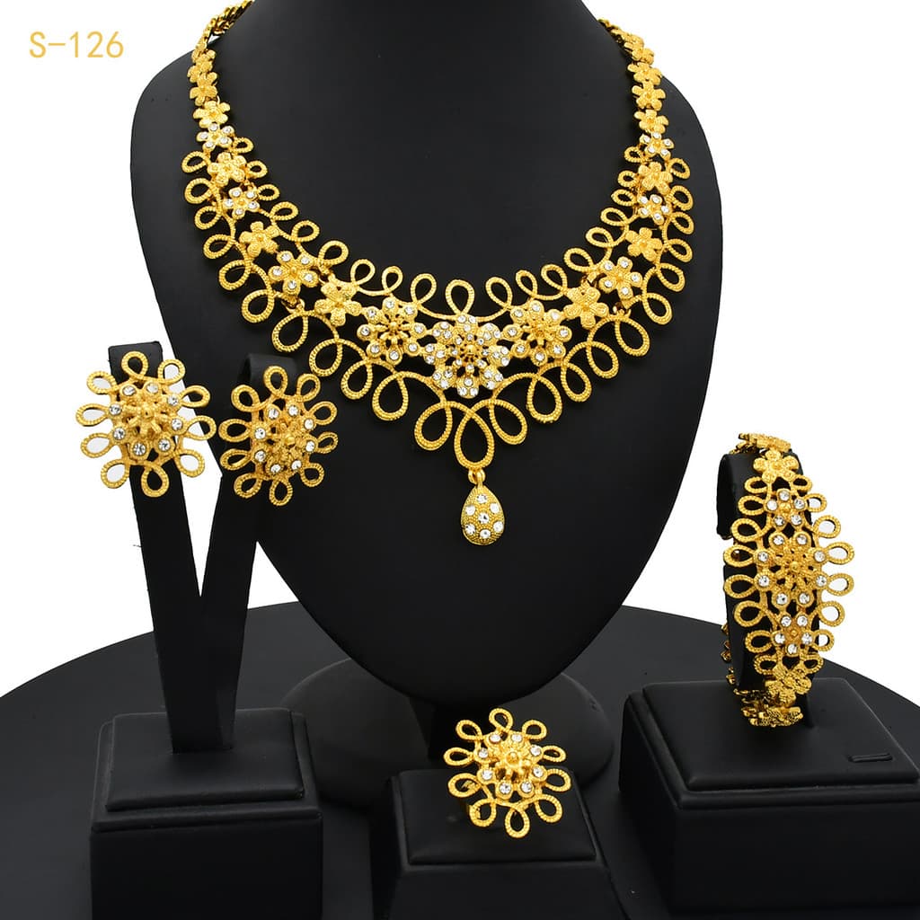 [Estoque Pronto Atacado] 24K Banhado A Ouro Nupcial Conjunto De Quatro Peças-Joias De Casamento Colar Brincos Anel Pulse