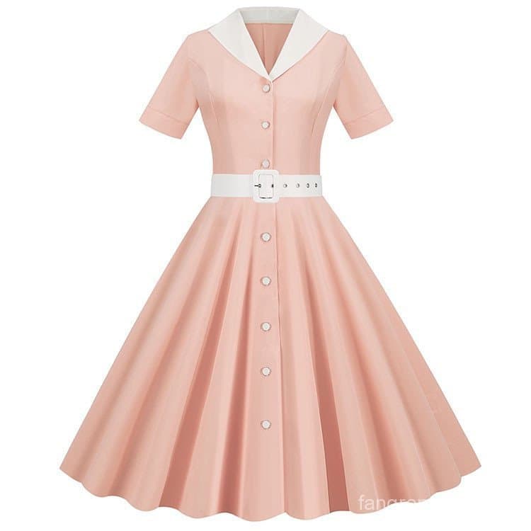 Vestido Vintage Azul Feminino com Gola Alta/Corte em A/Elegante/Cor Sólida para Festa/Escritório. 3841