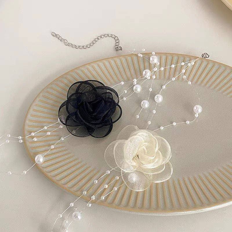 Forforce1 Francês Romântico E Branco Gargantilha Flor Pérola Nelace Feminino Verão Clavícula Corrente BR