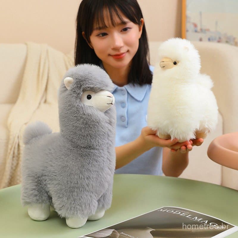 Pelúcia Alpaca Fofa - Bichinho de Pelúcia Macio Branco/Cinza 25cm/35cm