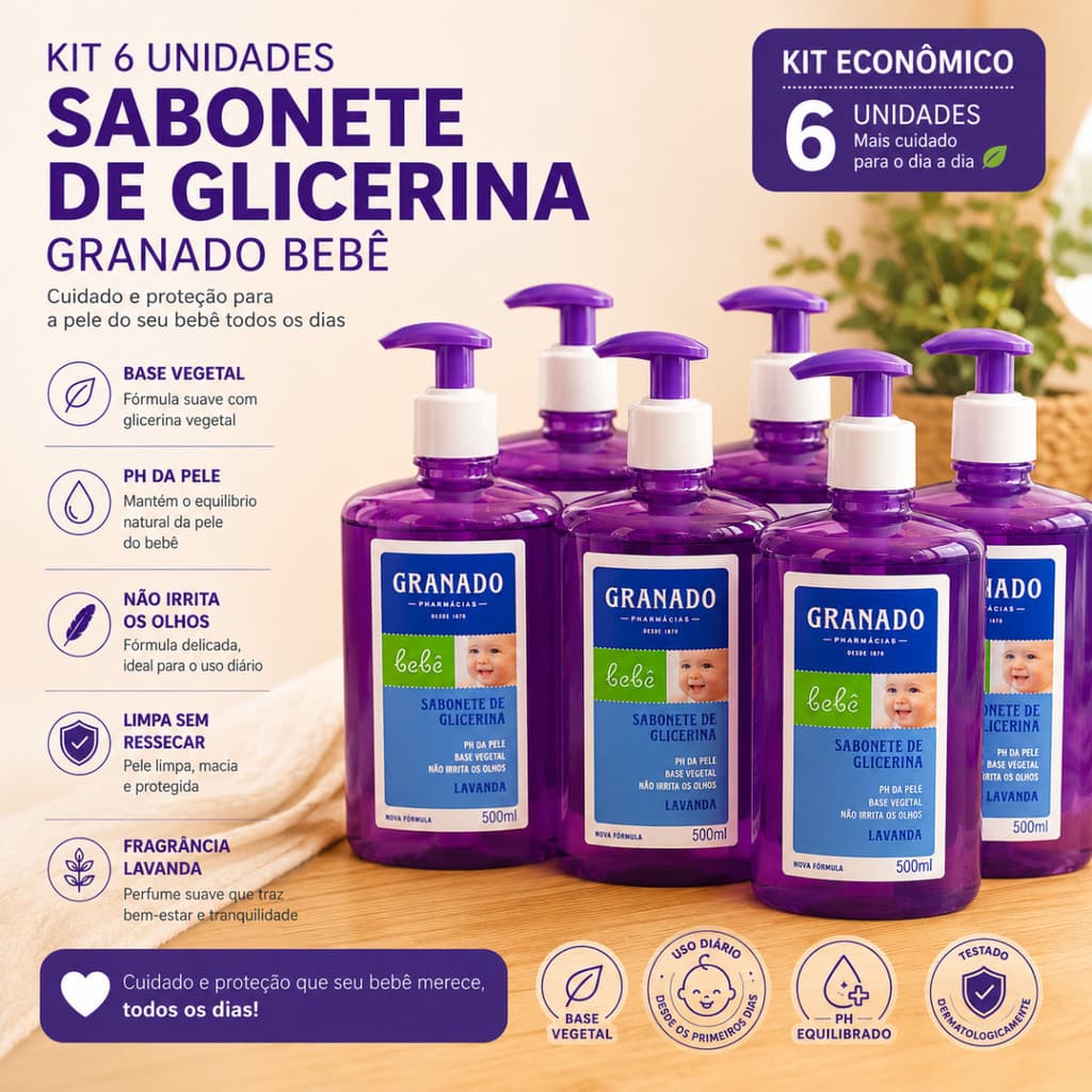Kit 6 Sabonete Líquido Granado Bebê 500ml Lavanda