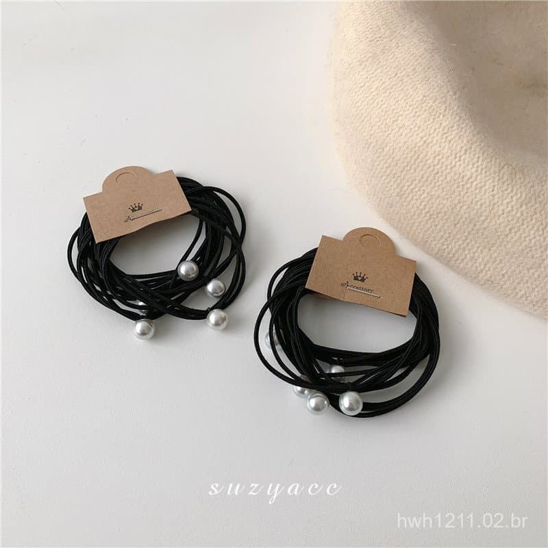 Elástico de Cabelo Simples e Elegante com Pérolas da Coreia Dongdaemun para Mulheres, Acessório de Cabelo Versátil Básic