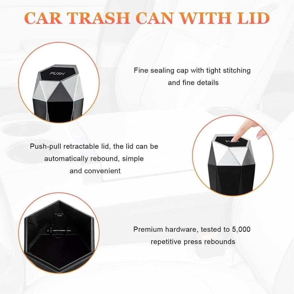 Lixeira para Carro com Tampa, Design em Diamante, Lixeira à Prova de Vazamentos para Porta-Copos de Veículos, Lixeira à