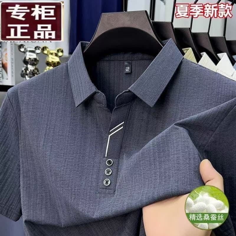 Camiseta masculina de manga curta de seda amoreira de alta qualidade para jovens de meia-idade Casual lapela fina POL#高档