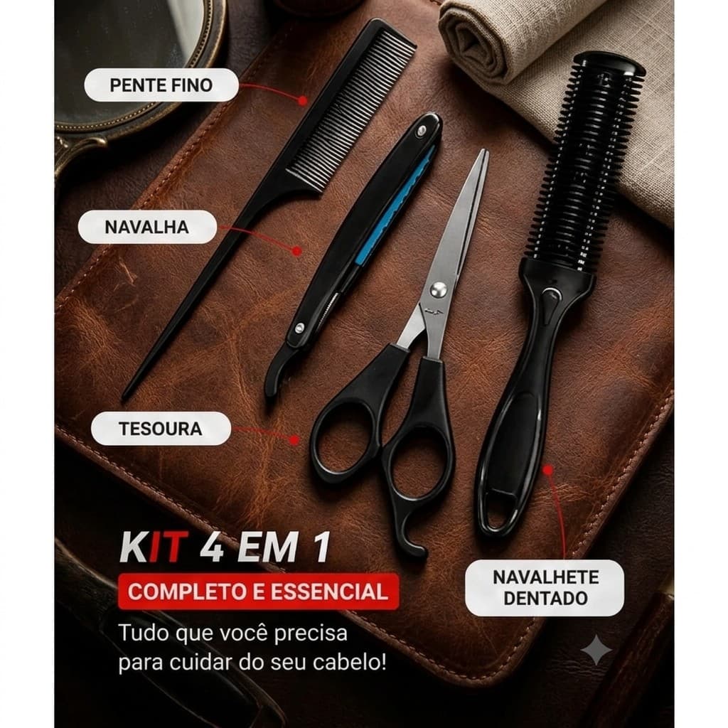 Conjunto de Corte de Cabelo 4 Pecas Tesoura Inox Navalha de Barba Pente Duplo