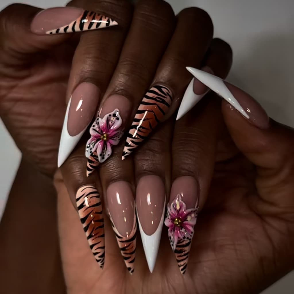 Kit de Unhas Postiças Francesinha Branca Onça Flores 3D Não Danifica Unhas Naturais Aplicação Rápida