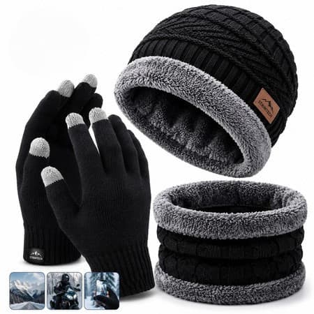 Toca de Frio Touca Gorro + Luva de Frio Touch Screen + Cachecol Feminino Masculino Echarpe