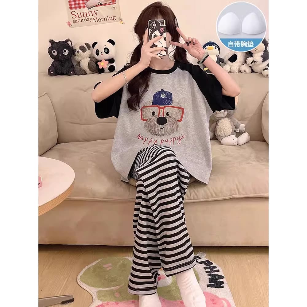 Pijamas femininos com almofadas no peito primavera outono calças de manga curta doce terno inverno 2026 novo estilo femi