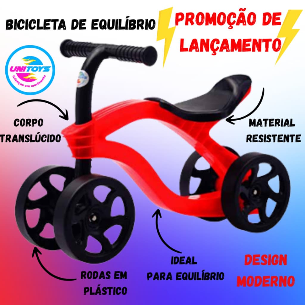 Bicicleta Infantil Equilíbrio Sem Pedal 4 Rodas Azul Bebê 1 Ano Primeiros Passos Inmetro