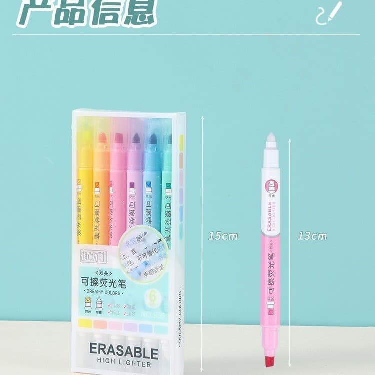 Caneta Marca Texto Apagável Pastel Kit 6 Marca Texto Dupla Ponta Material Escolar Ideal para Escritório/Anotações/Diário