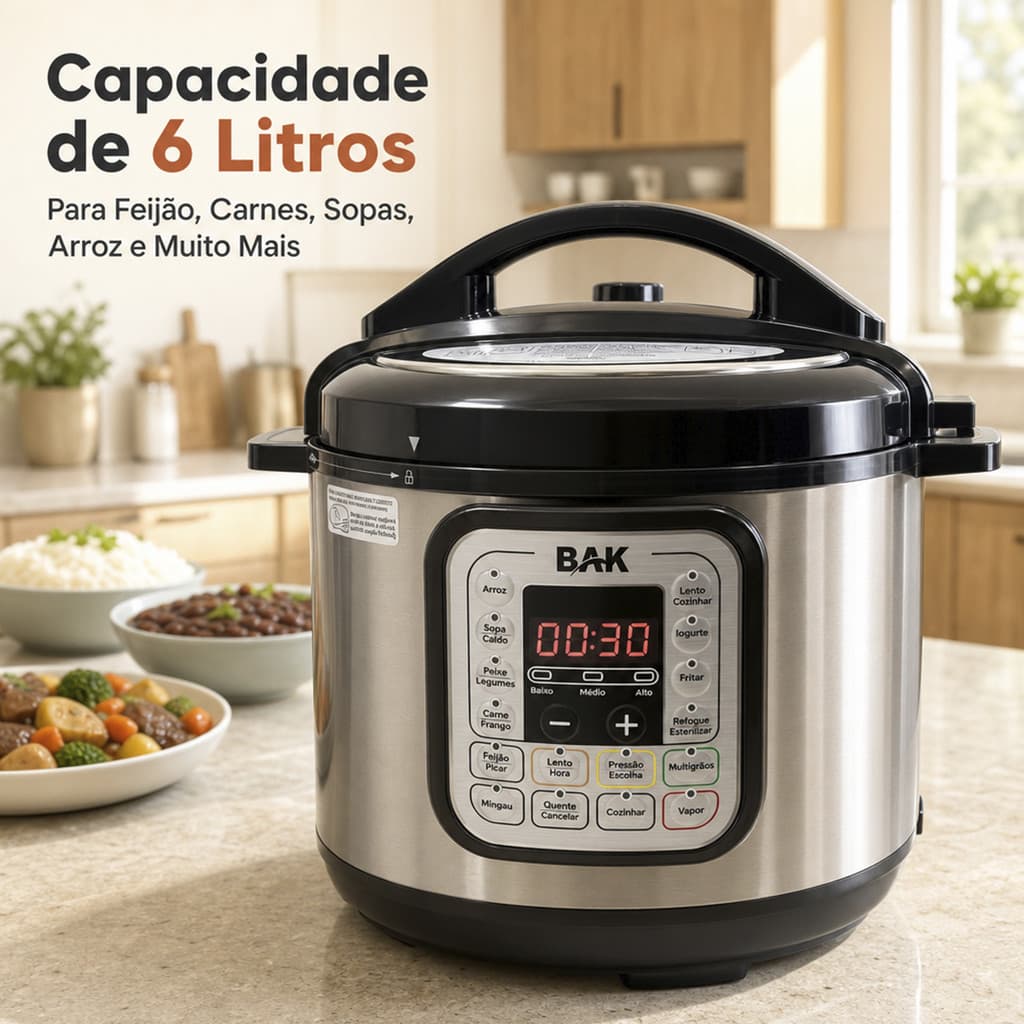 Panela de Pressão Digital 6 Litros com Funções 110V Arroz Feijão Carne Frango Sopa e Vapor