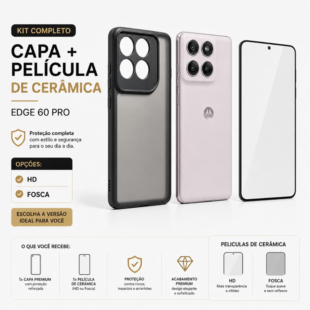 Kit Capa capinha translucida preto Premium motorola Edge 60 pro+Película Cerâmica HD/Fosca