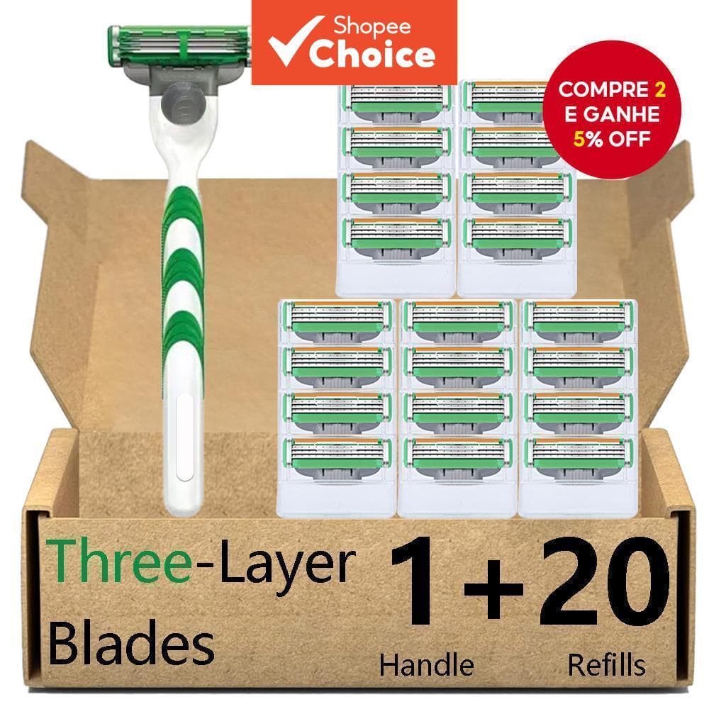 Barbeador Masculino Compatível Com Gillette Mach 3-1 Alça E 20 Lâminas , Cabeça De Substituição De Aço Inoxidável De 3 C