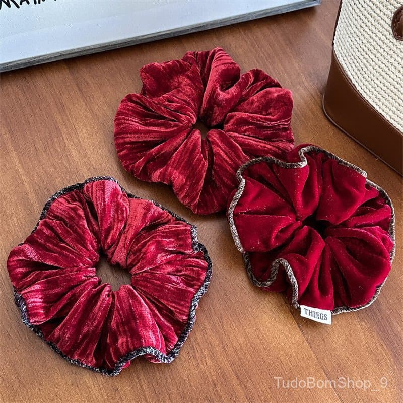 Acessório de cabelo de cetim de alta qualidade para o Ano Novo, para mulheres, elástico de cabelo vermelho para rabos de