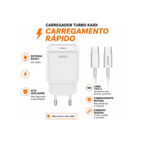 Fonte Carregador Kaidi KD-669CC Tipo-C para Tipo-C Rápido