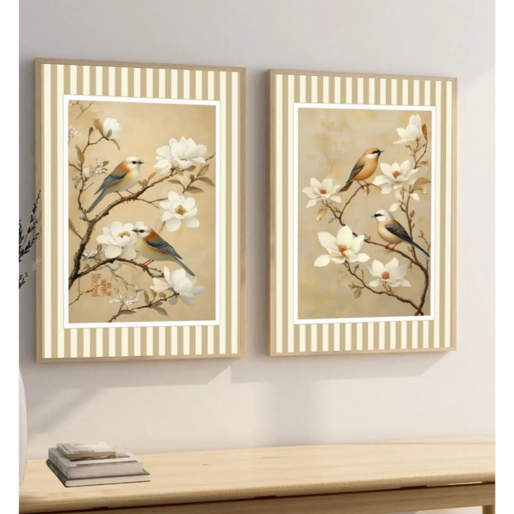 Kit 2 Quadros Pássaros Boho Clássico Listras Moldura e Vidro Quarto Sala Corredor