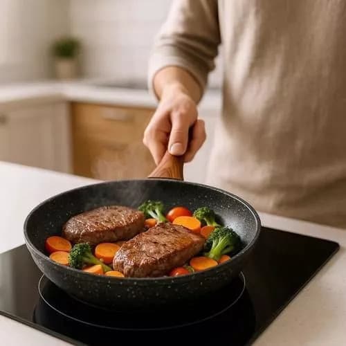 Frigideira Antiaderente Panela Fritar Carne Caçarola Panela Preparo Cabo Madeira Cozinha
